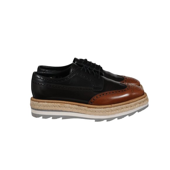 Prada Men Platform Brogue US 10 UK 9 Brown Leather Wingtip Espadrille Medallion - Picture 2 of 11